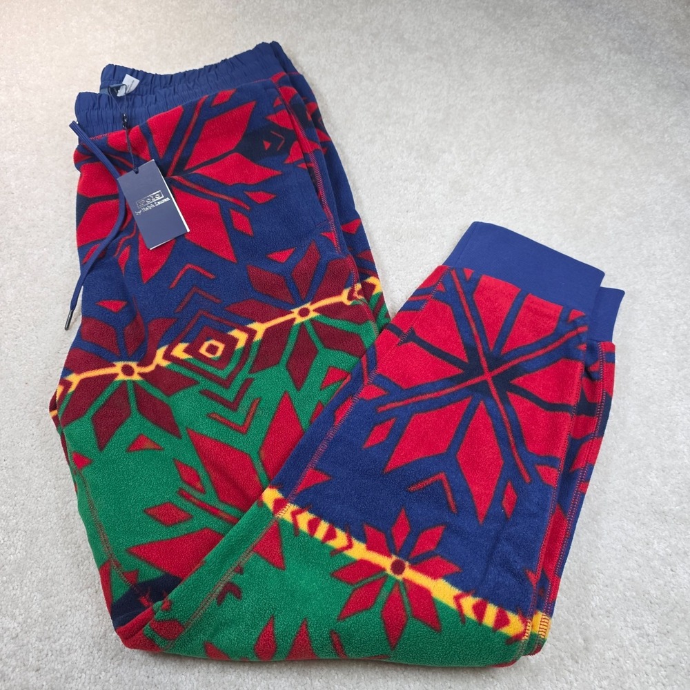 Polo Ralph Lauren Fleece Jogger Pants Mens M Blue Green Snowflake Fair Isle NWT